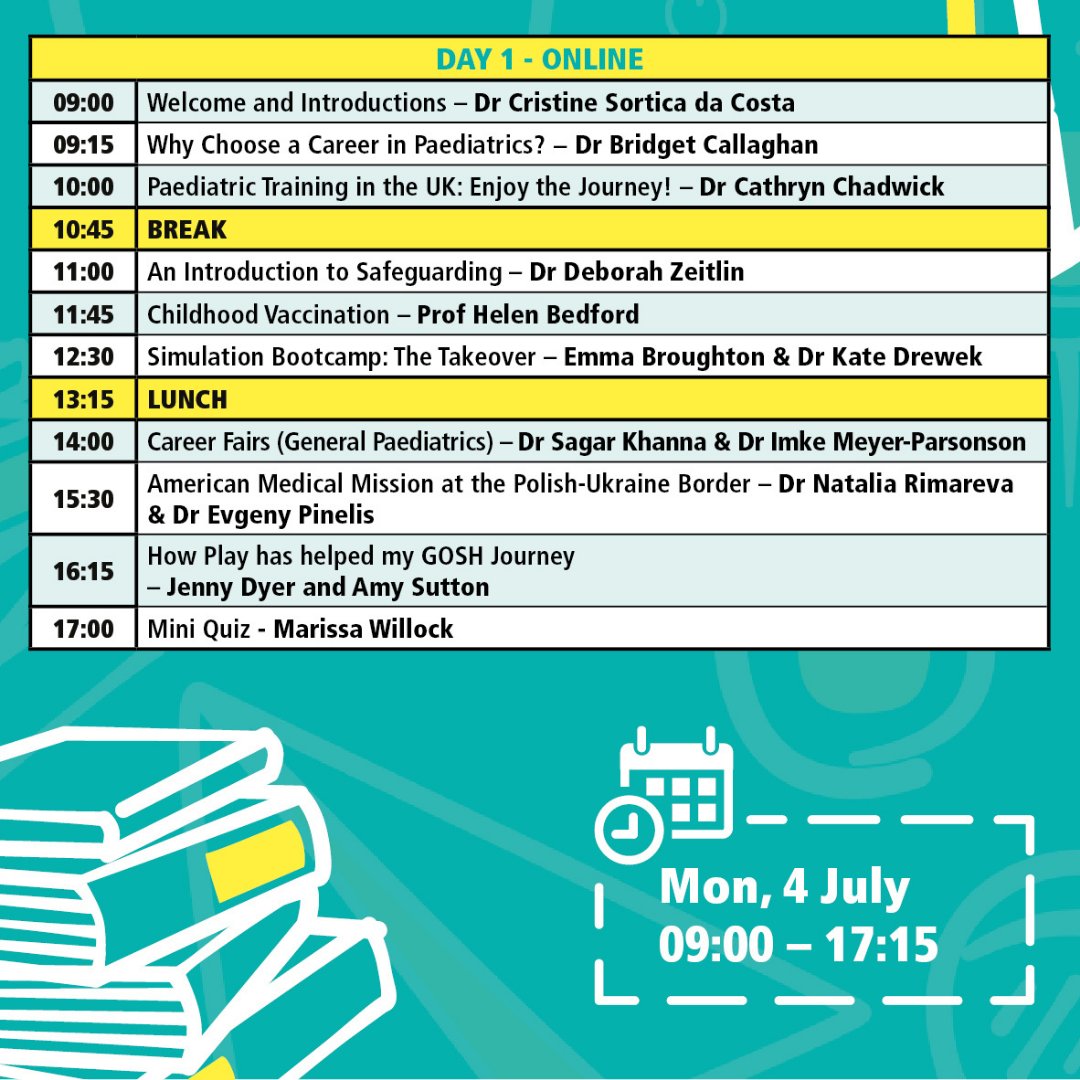 GOSH_PGME's tweet photo. Take a look at our exciting programme! We have an exciting two days online &amp; our first face-to-face day post-Covid!! Register via the link in our bio or the QR code. We cannot wait to see you there!! 
#summerschool #medconference #medstudent #paeds #paedsrocks https://t.co/gIe7gAngIo