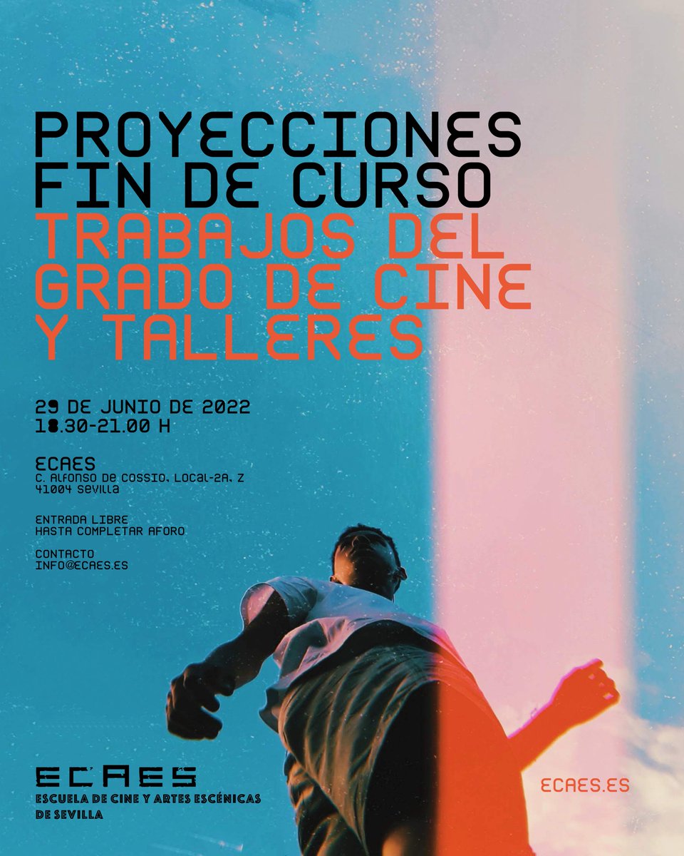 ECAES_'s tweet photo. El próximo miércoles 29 de junio en ECAES celebraremos la muestra de proyecciones audiovisuales de nuestros alumnos de Grado y Talleres. ¡En breve cerramos la programación! ¡Os esperamos! 📽🎞😎
#EscueladeCine #estudiarcine #FilmSchool #Sevilla #Audiovisual #Formacion #Cortos https://t.co/7ZNaGpKa8t