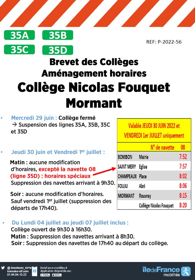 Brie2Morin_IDFM's tweet image. #Perturbation #L35A #L35B #L35C #L35D
Brevet des Collèges - Aménagement horaires 

@IDFmobilites