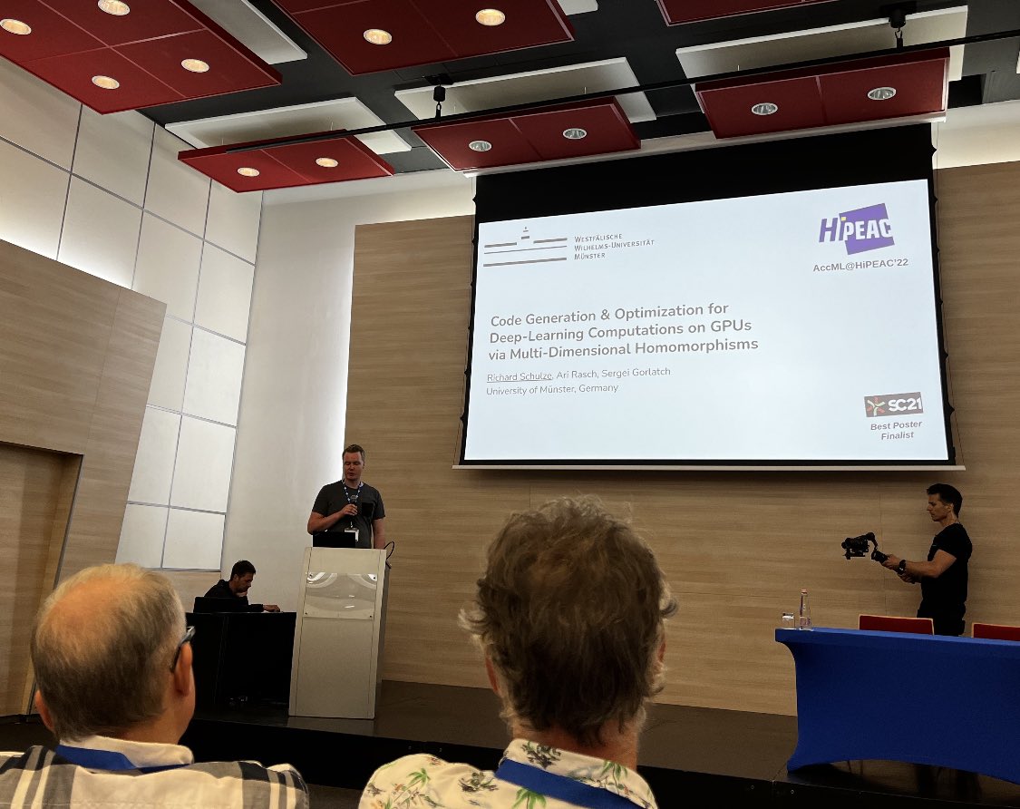 AriWWU's tweet photo. Invited talk given today by my colleague Richard Schulze at AccML@#HiPEAC22 — Code Generation &amp; Optimization for Deep Learning Computations based on our approach of Multi-Dimensional Homomorphisms (MDH)

Thanks to @jcanore, @ahcohen and other organizers for this great workshop! https://t.co/5Wj2SwAMBQ