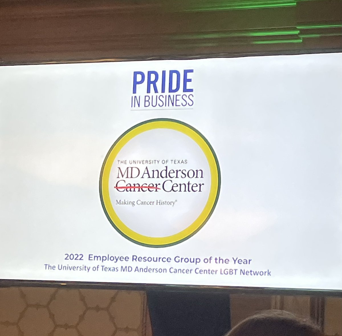 MarisaMir's tweet photo. So this just happened…@MDAndersonNews LGBTQ+ Network was just awarded the @HoustonLGBTCoC 2022 Employee Resource Group of the year! Beyond proud to work alongside such a phenomenal group of colleagues. Thank you to all at the Chamber for this recognition! #EndCancer #Pride https://t.co/2VFiMfxMos