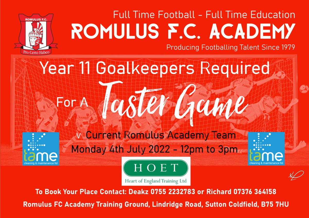Romulus_fc's tweet photo. ⚠️ YEAR ELEVEN GOALKEEPERS REQUIRED ⚠️

The @Romulus_Academy are holding a taster game against the current academy squad this July.

Are you interested? If so, check out the information below... 👇👇 https://t.co/sBiJm1Omw8