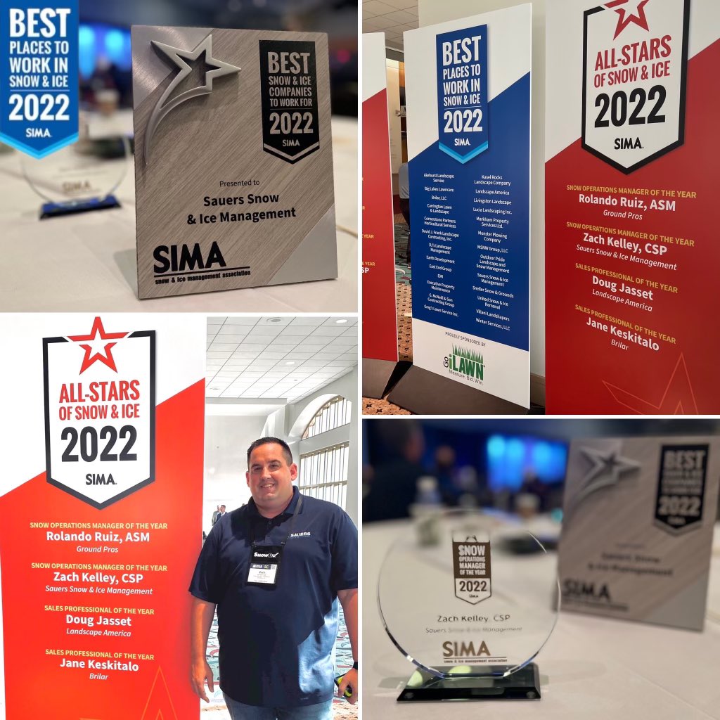 SauersSnowIce's tweet photo. Congratulations Zach Kelley @jerseyzac for receiving @SIMASnow Snow Ops Manager of the Year 2022 and to the entire Sauers Team for being on The Best Place To Work 2022 list! What a great day at Sauers! #TheSauersWay #Snowsymposium #SIMAsnow #snow #snowremoval #propertymanagement https://t.co/Tp52suh5rL