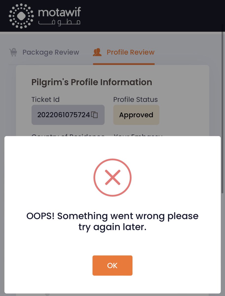 ashifd80's tweet photo. @Motawif_SA #hajj2022 we have selected a silver package today but when coming to make payment are getting this error message.

Ticket ID:- 2022061075724

Please resolve this ASAP. https://t.co/vSFu5RTgpt