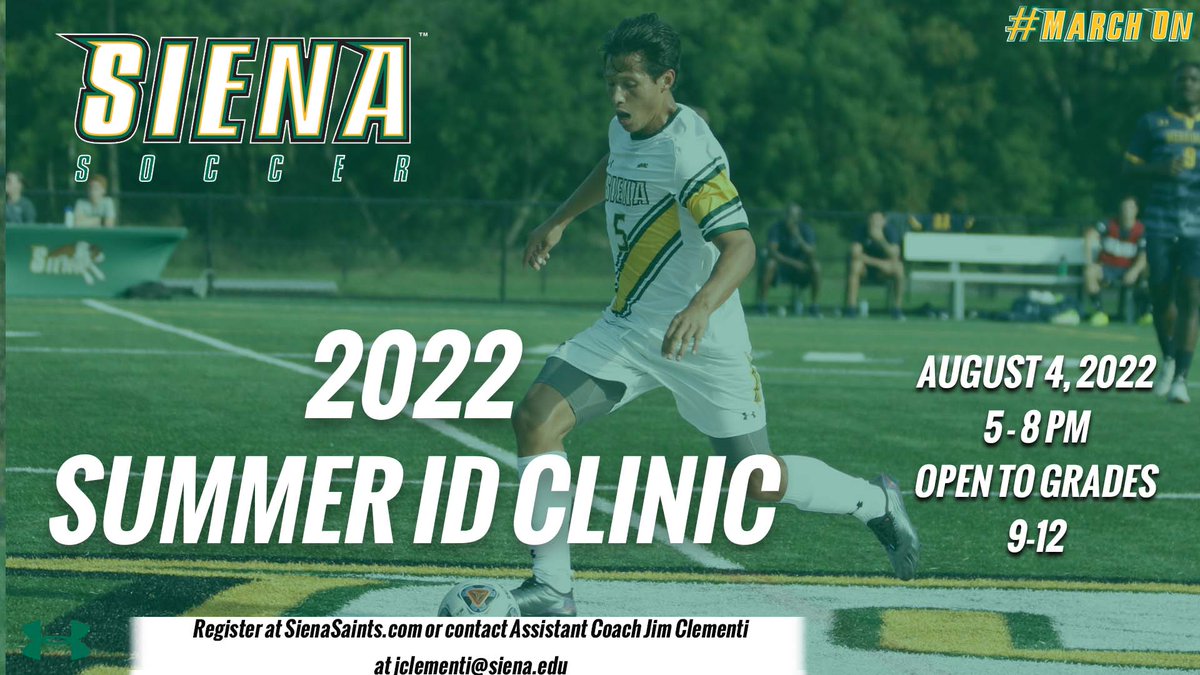 SienaSoccer's tweet photo. ⚽️⛺️ The #SienaSaints are going camping !!

Prospective athletes in grades 9⃣ - 1⃣2⃣ are invited to attend our Summer ID Clinic this August at Hickey Field

ℹ️ ➡️ https://t.co/qKgwB9z3Hm

#MarchOn | #NCAASoccer | #MAACSoccer https://t.co/Oqsdg9o4fV