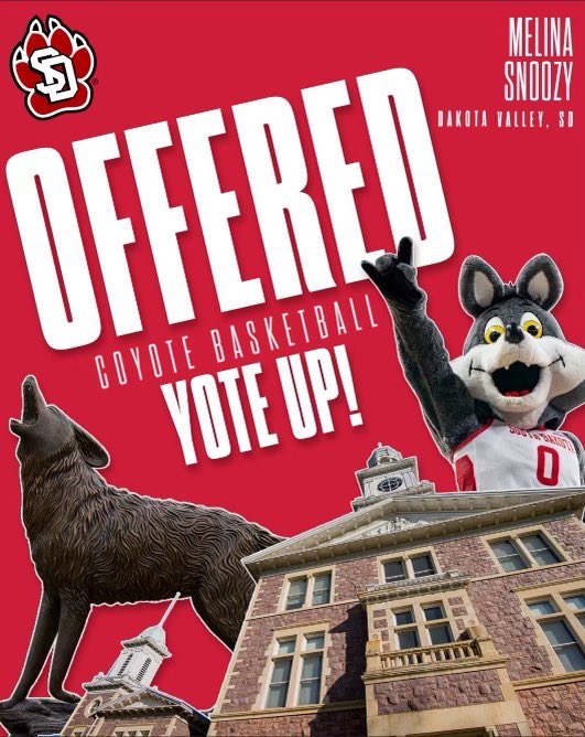 MelinaSnoozy1's tweet photo. After a great couple days at camp, I am very excited and blessed to receive my first D1 offer from the University of South Dakota! Thank you so much @kayla_karius, @coach_gabbyj,  @CoachTy_M, and @SDCoyotesWBB!! https://t.co/VIZp69Boyg