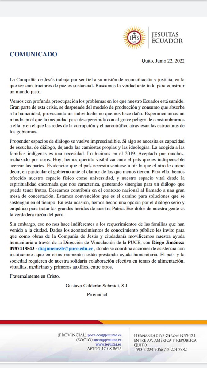 COMUNICADO COMPAÑÍA DE JESÚS EN EL ECUADOR .#SomosJesuitasEcuador  #JuntosPorElDiálogo 
#UnidosPorLaDemocracia #puce