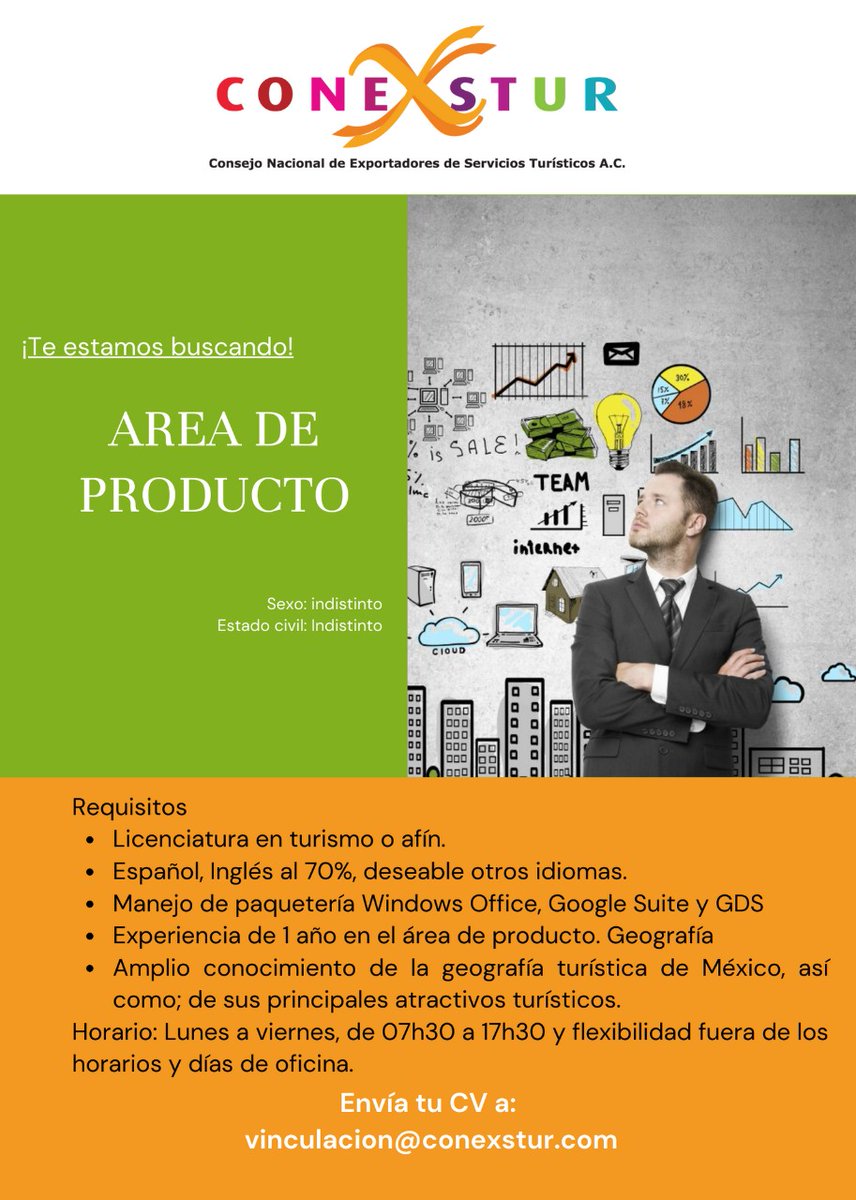 #OfertaLaboral 

- Vacante para área de producto. 🤩

Si cumples con los requisitos, envíar tu CV al correo de: vinculacion@conexstur.com 

#BolsaDeTrabajo #CONEXSTUR #TheDoorToMexico