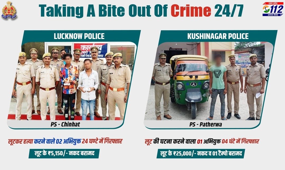 Uppolice's tweet photo. .@lkopolice द्वारा लूटकर हत्या करने वाले 02 अभियुक्तों को 24 घण्टे के अन्दर गिरफ्तार कर उनके कब्जे से लूट की धनराशि एवं @kushinagarpol द्वारा लूट की घटना करने वाले 01 अभियुक्त को 04 घंटे के अन्दर गिरफ्तार कर उसके कब्जे से लूट के ₹25,000/- नकद बरामद किये गए हैं।

#GoodWorkUPP https://t.co/STF4YY7N77