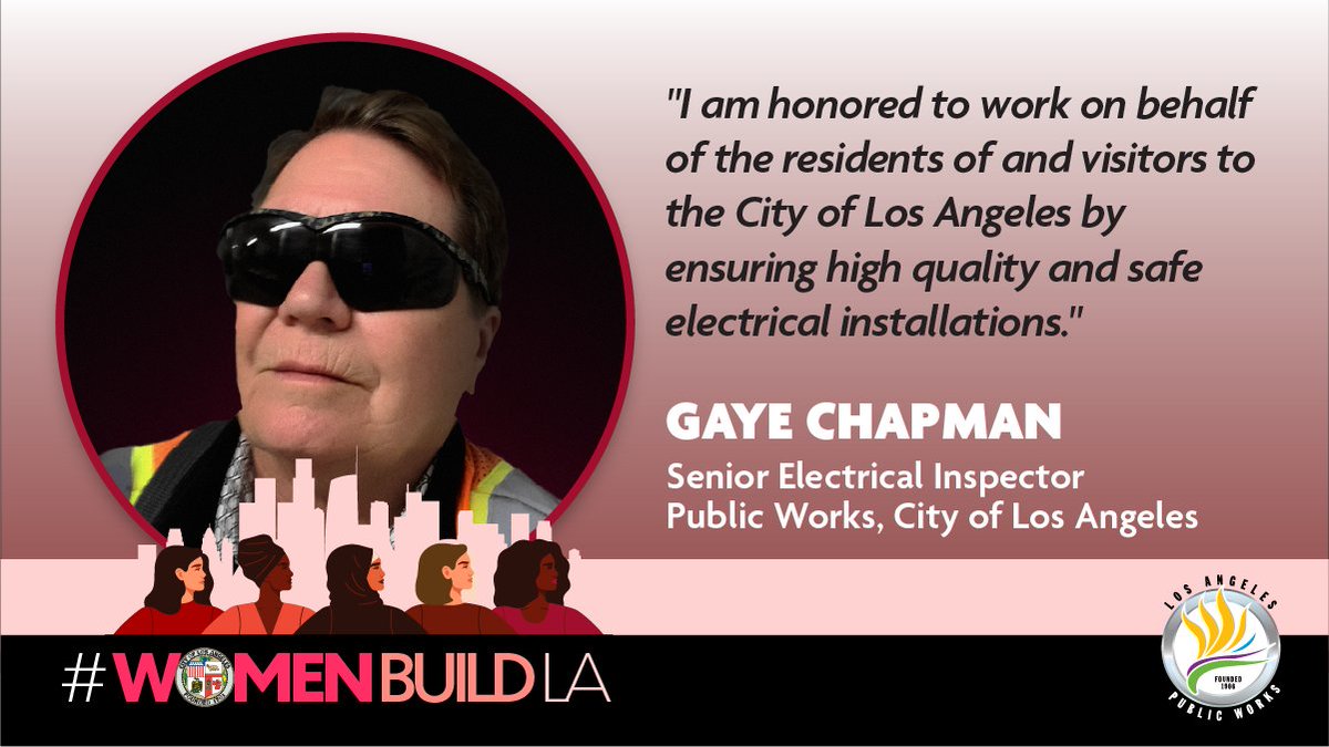 LACityDPW's tweet photo. Our #WomenBuildLA series spotlight is on Gaye. A Senior Electrical Inspector with the Bureau of #ConAd, she inspects power systems &amp; equipment on industrial projects to ensure that #Angelenos get high quality &amp; safe electrical installations. Read here: https://t.co/OjWFoF6GXn. https://t.co/IuiF0cbOhj