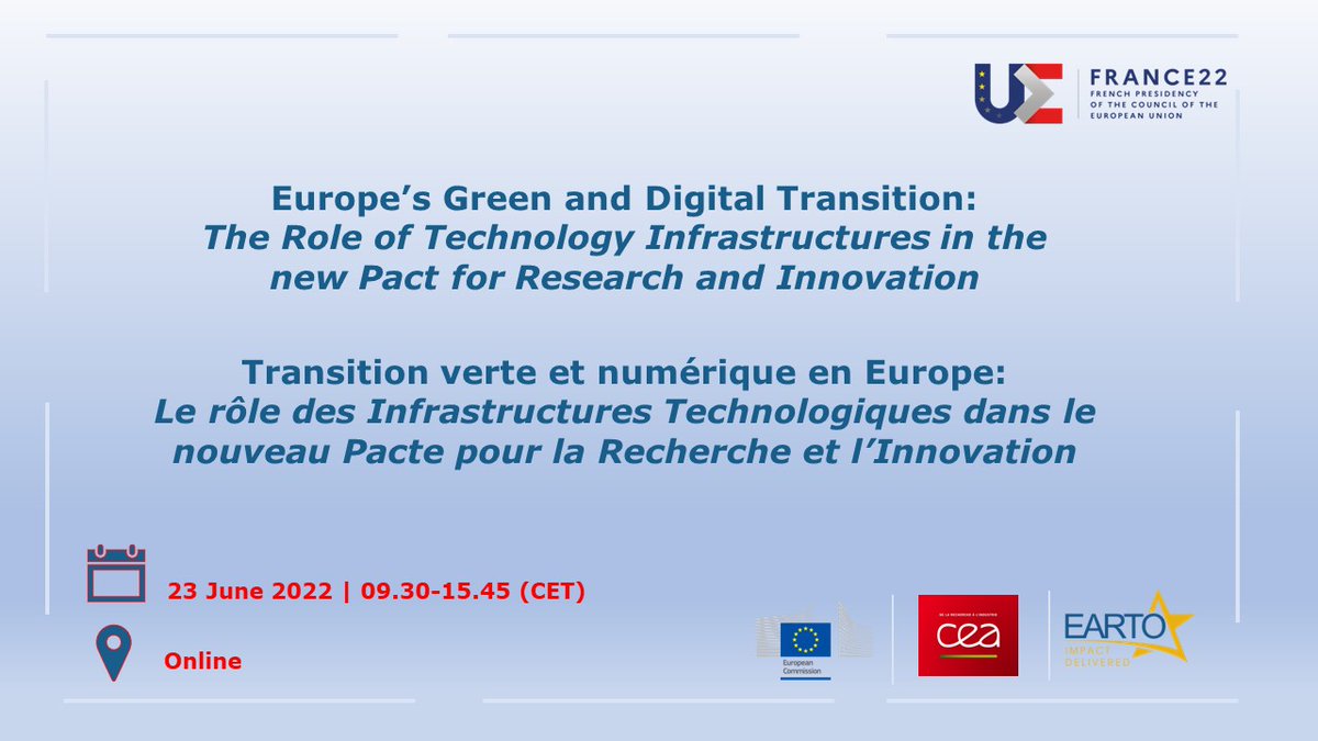 EARTOBrussels's tweet image. ⚠️TOMORROW WE GO VIRTUAL⚠️
Join @EU_Commission @EUScienceInnov @Europe2022FR @CEA_Officiel &amp;amp; EARTO to their Online Event on the Role of #TechnologyInfrastructures in the🆕Pact for #R&amp;amp;I‼️

📜Programme: bit.ly/39k3kDj