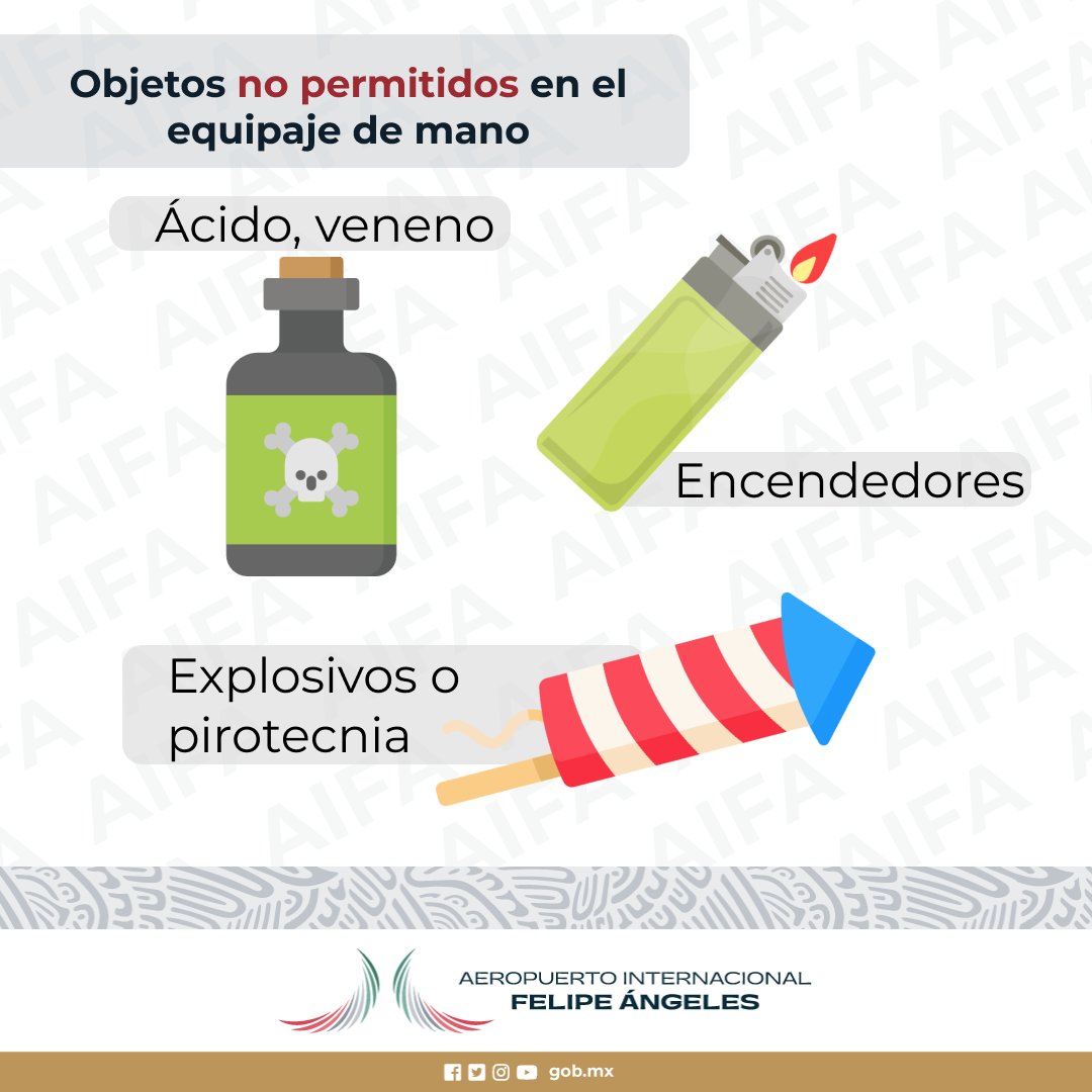 aifaaero's tweet photo. Estos objetos debes evitar, si tu equipaje y vuelo quieres agilizar. ✈🧳
#AIFA #Aeropuerto #FelipeÁngeles
#ArtículosProhibidos #ObjetosNoPermitidos #EquipajeDeMano #VuelaSeguro #TipsViajero #FelizMiercoles https://t.co/B6txrN3tcI