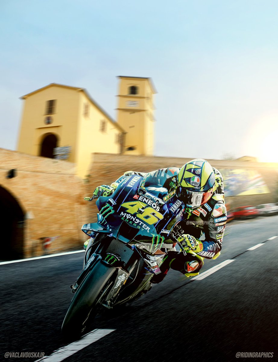 RidinGraphics's tweet photo. Wanted to try something different, so here is an edit of the legend @valeyellow46 sending it through his home town of Tavullia! 🙌💪 #racing #valentinorossi #yamaha #rossi #valeyellow #grandprix #motogp #roadracing thanks to @vaclavduskajr for the images to work with 🙏 https://t.co/FnQHRD4lYN