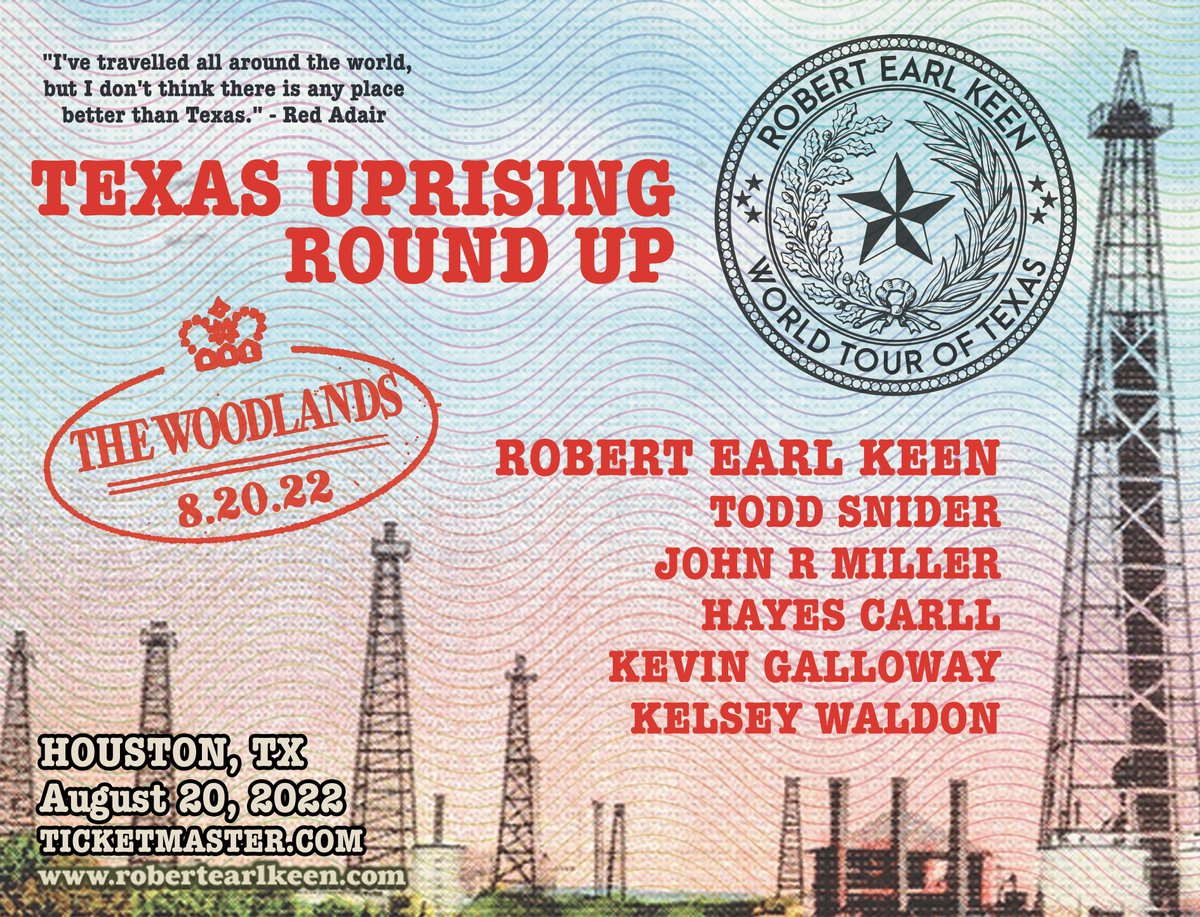 LINEUP ANNOUNCMENT FOR REK'S TEXAS UPRISING ROUND UP!! 
8/20/22 Cynthia Woods Mitchell Pavilion, The Woodlands, TX #worldtouroftexas

<a href="/ToddSnider/">todd snider</a> @JohnRMillerWV <a href="/hayescarll/">Hayes Carll</a> <a href="/kgallowaymusic/">Kevin Galloway Music</a> <a href="/kelsey_waldon/">Kelsey Waldon</a>