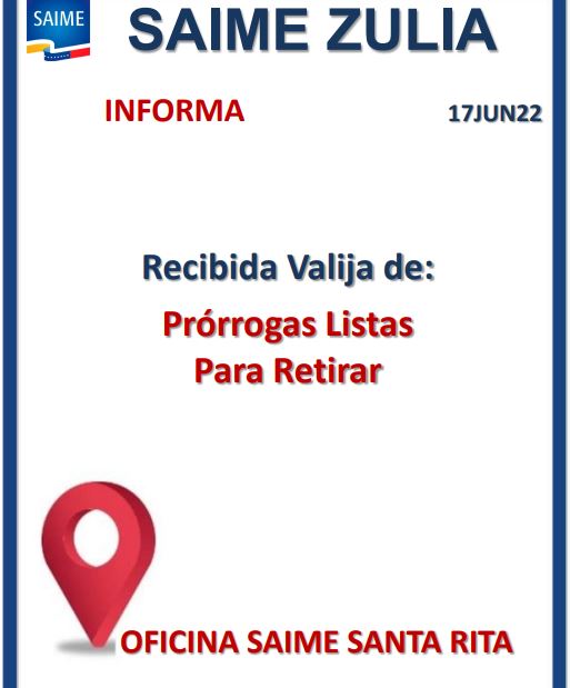 VenezuelaSaime's tweet photo. #EnZulia || Estimado usuario, si tramitó su #Prórroga en las oficinas, #LosPuertosdeAltagracia #SantaRita #Cabimas #TrailerLaConcepción. Estado Zulia, asistir según el día correspondiente al número de terminal de cédula y cumpliendo las medidas de bioseguridad.

#22Jun https://t.co/NoyTRs8RXJ