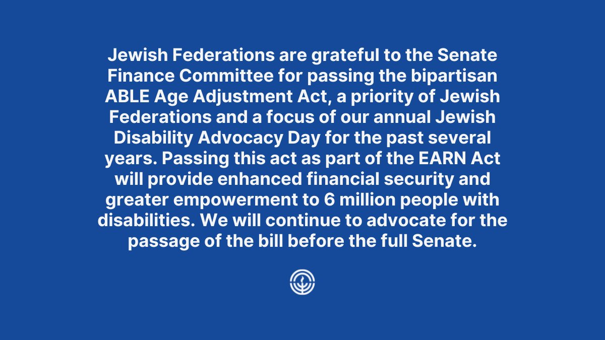 We commend @SenatorCasey (D-PA) & @SenatorMoran (R-KS) & @RepCardenas (D-CA) & @cathymcmorris (R-WA) for championing the bipartisan ABLE Age Adjustment Act, along with the many advocates who have taken part in our annual #JDAD. These are the fruits of Jewish Federation advocacy!