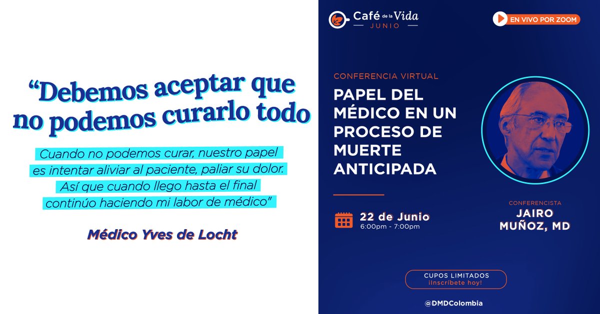 Acompañar la muerte hace parte del compromiso médico.
En nuestro Café de la Vida de hoy, conversaremos con el médico Jairo Muñoz sobre el papel del médico en un proceso de muerte anticipada ¡No te lo pierdas!

¡Cupos limitados! Inscríbete aquí forms.gle/CGg9cPy6gCDBnd…