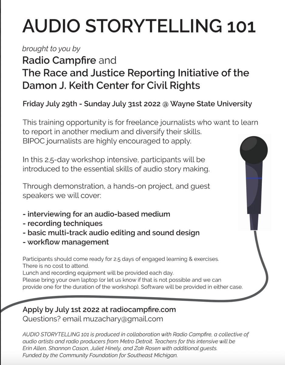 MGuzman_Detroit's tweet photo. A few spots are left for radio boot-camp, brought to you by the Race &amp; Justice Reporting Initiative and @radiocampfire. This is free for BIPOC freelance Journalists.  @zak @juliethinely @muzachary @radiocampfire @shannoncason @erin_blueindigo https://t.co/M298I5kSyP