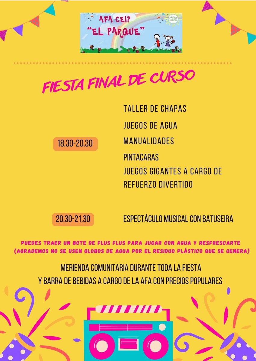 afaelparque's tweet photo. Tras dos años sin poder juntarnos, toca celebrar que seguimos a pie de calle, estudiando,trabajando y peleando por una educación pública de calidad. Os esperamos en al fiesta final de curso del @CeipParque que organizamos desde la AFA con mucho cariño e ilusión!!! https://t.co/kT4fBEi79J