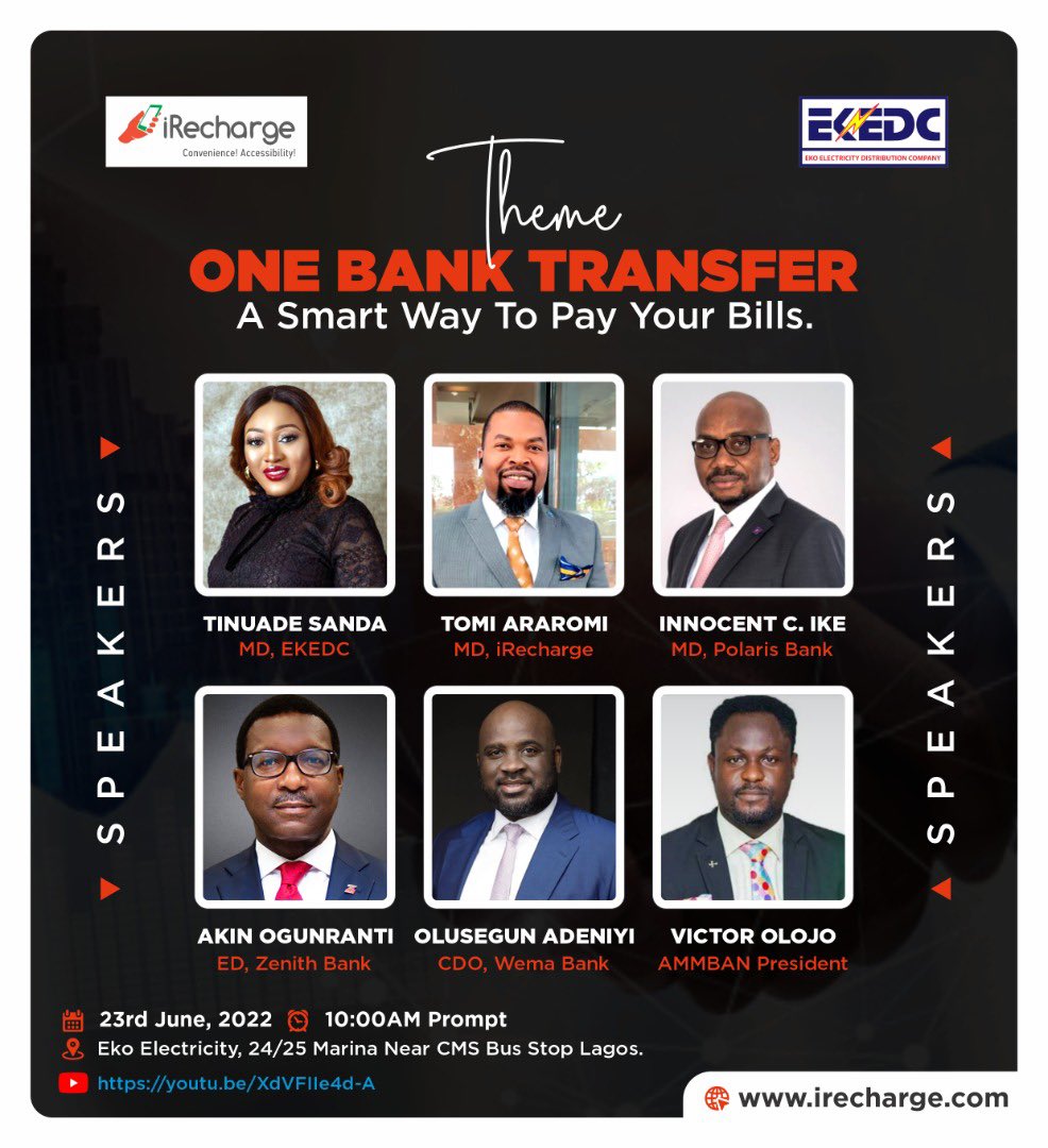iRechargeNG's tweet photo. Join us live as @iRechargeNG and @EKEDP launch a new way to pay bills, tomorrow 23/June/2022 at 10am
Meeting link: https://t.co/iwaJIYQcMj
Theme: 1 Bank Transfer: The Smart Way to Pay For Electricity
#EKEDC #Empoweringqualityoflives
#LightUpEKo #1BankTransfer #PayBillsSmartly https://t.co/214yg90dJa