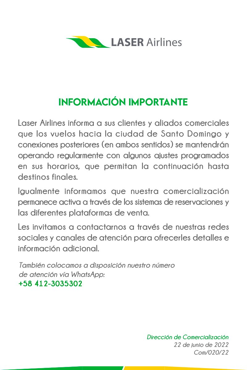 Laser Airlines on Twitter "Información importante Vuelos hacia Santo