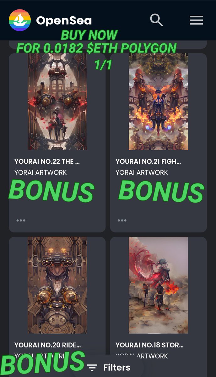 Buy 1 get 1
Phoenix corn
Price 0.0182 #ETH polygon
No gass fee 🤩
Open here
opensea.io/assets/matic/0…
<a href="/opensea/">OpenSea</a> <a href="/Polygon/">Polygon</a>