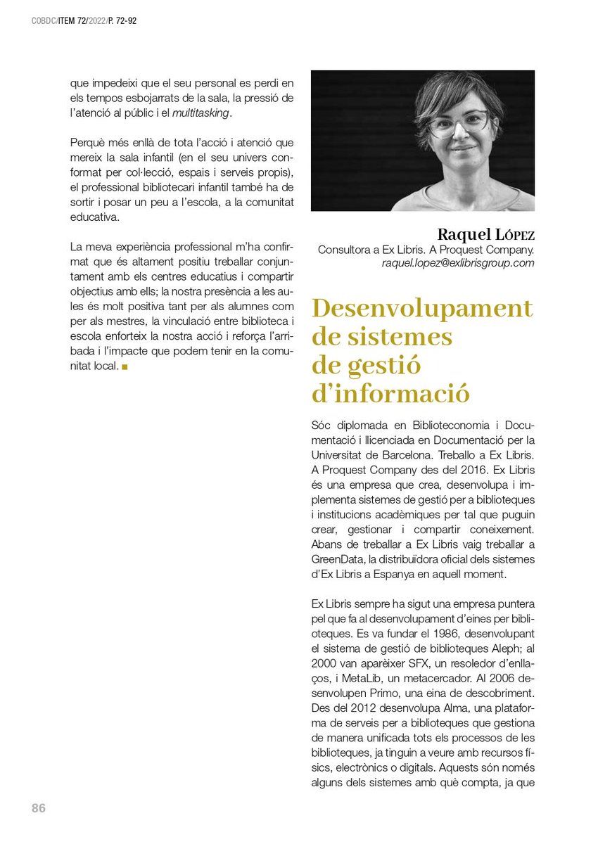 revistaItem's tweet photo. La resposta serveix per introduir a Raquel López, consultora a @ExLibrisGroup i ex alumna de la @FIMA_UB, que parla del seu perfil professional en aquest #item72 https://t.co/fzKubWyBj5