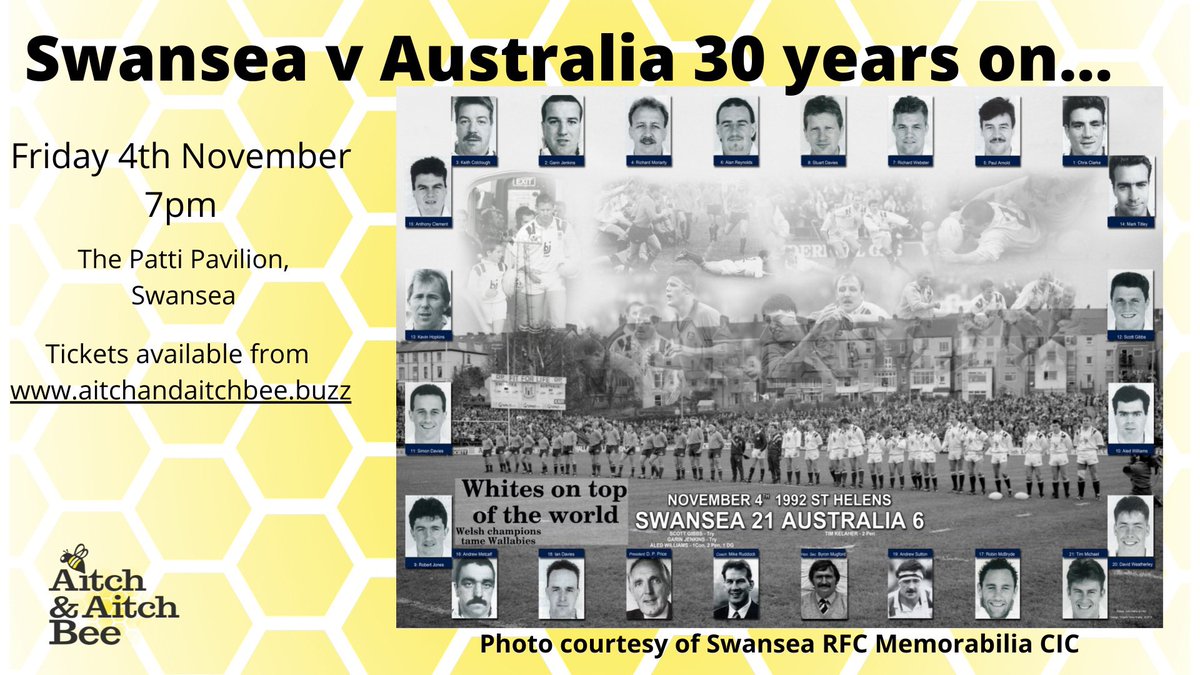 AitchandAitchBe's tweet photo. Don’t miss out on our latest event, a celebration of one of the great games in @SwanseaRFC history - 30 years on from beating the World Champion @wallabies 
Tickets are now on sale for what will be a great night. Hope to see you there.
https://t.co/Pn6BvGkgcf
Please RT and share https://t.co/lZQ80U7owZ