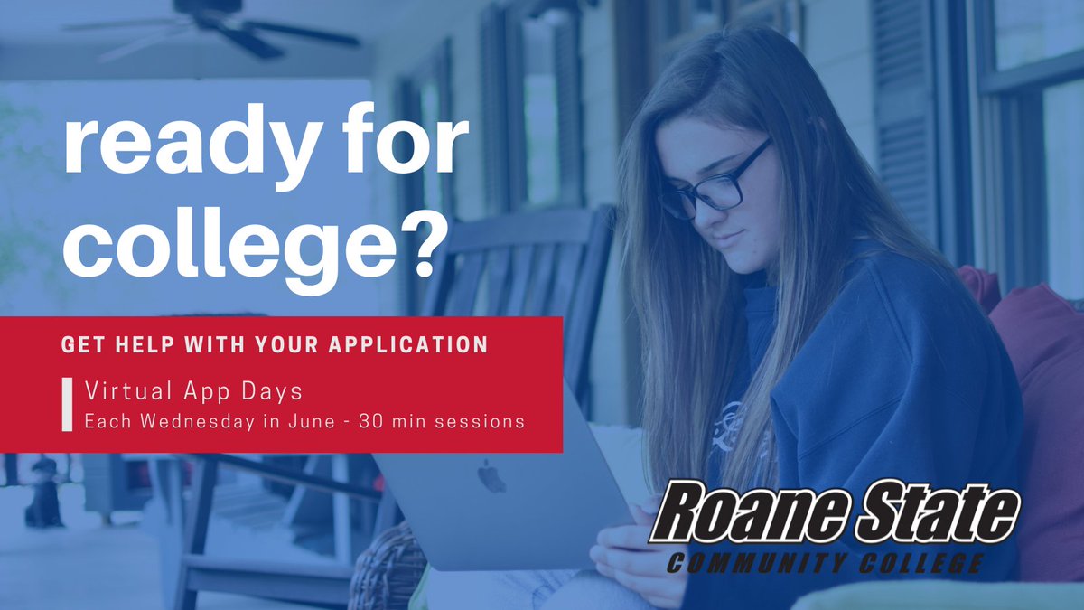 roanestate's tweet photo. Hurry! There's still a few virtual application sessions open this afternoon between 3pm and 5pm. Sign up now at https://t.co/pjiYj2p2at and secure your spot. Sessions are just 30 mins long and will help you complete your #RoaneState application for admission. https://t.co/uGlJniiii3