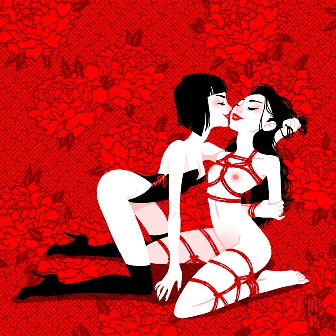 Two women-presenting lovers, some rope, and a great deal of trust. 