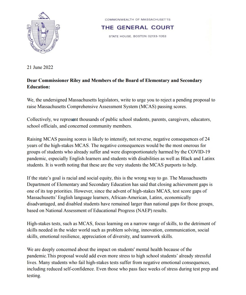 SenJohnVelis's tweet photo. This week I joined 96 bipartisan colleagues on a letter to Commissioner Riley and the Board of Elementary &amp; Secondary Education urging them to REJECT the current proposal to raise MCAS passing scores. 

Thank you @Jo_Comerford, @senjehlen, and @JimHawkins4Rep for leading. https://t.co/YyQwJMP8D3