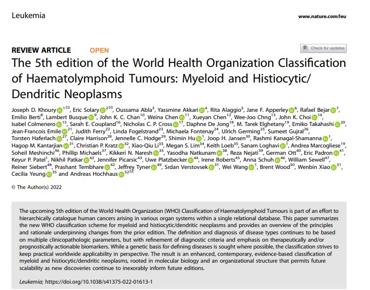 sanamloghavi's tweet photo. 🥁 Out today in @LeukemiaJnl:5th Ed of the WHO Classification of heme neoplasms (myeloid, histiocytic &amp;dendritic neoplasms) Major congrats @JoeKhouryMD @AndreasHochhaus @IanCreeUK on this tour de force! An honor 2 be a part of this effort. https://t.co/RXj4HXE5pP #hemepath https://t.co/NqbuSoVQ0T