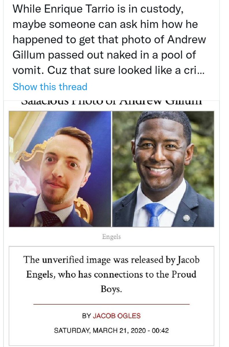 Matt_Fleming321's tweet photo. @MiamiHerald @karolcummins Gillum maintains his innocence. I tend to believe him since people have been making shit up about him and committing crimes against him with impunity for quite some time.

Who could forget the time the FBI in Florida tried to set him up with #HamiltonTickets? https://t.co/4jYdgzIRDo