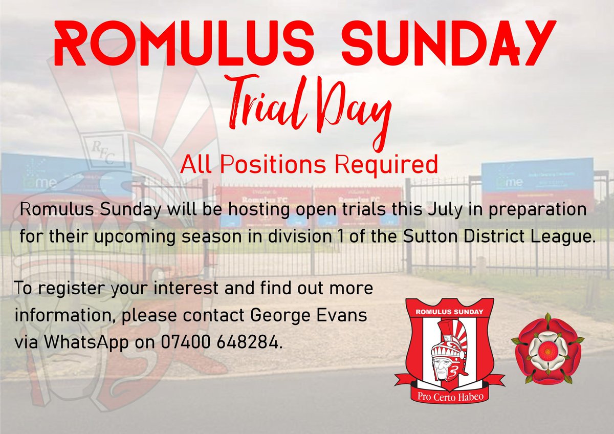 Romulus_fc's tweet photo. ⚠️ ROMULUS SUNDAY TRIAL DAY COMING THIS JULY ⚠️

Are you interested? If so, have a read of the information below... 👇👇

@George_Evans98 https://t.co/oOfb8rPY0O