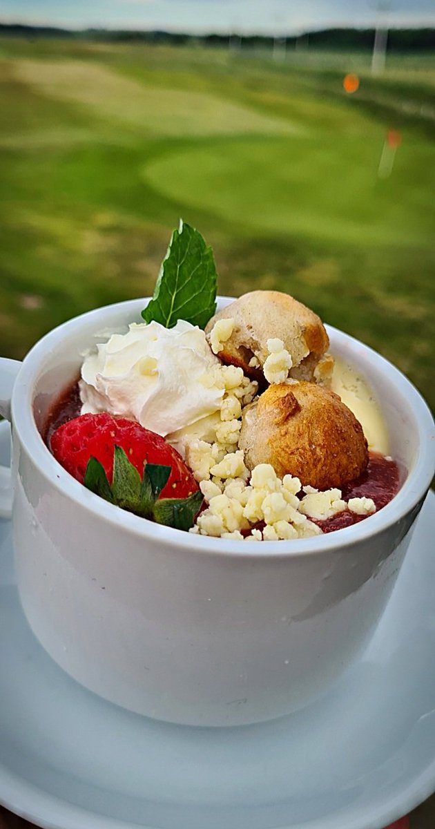How's this for a delicious dessert to finish off a fantastic meal here at Restaurant 1777 within Fraserburgh Golf Club.
Strawberries &amp; Cream Panacotta, fabulous homemade panacotta and strawberry coulis, white choc mini scones, white chocolate crumb, cream and a fresh strawberry.