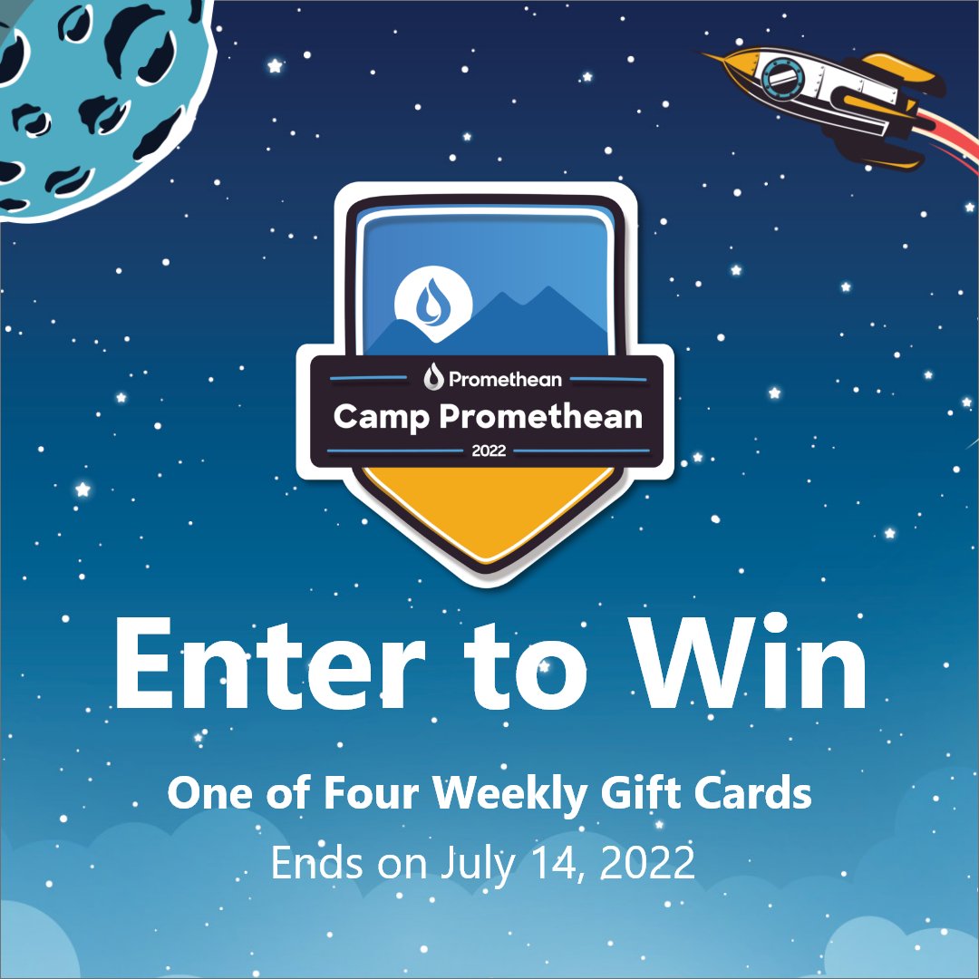 Hey CCSD! 🚨 GIFT CARD GIVEAWAY 🚨 To celebrate Camp Promethean, we're giving away a gift card weekly leading up to Camp. To enter: 1. Like and repost a Camp Promethean tweet saying, 'Join me at Camp Promethean 22.' 2. Tag @Promethean 3. Include #CampPromethean22