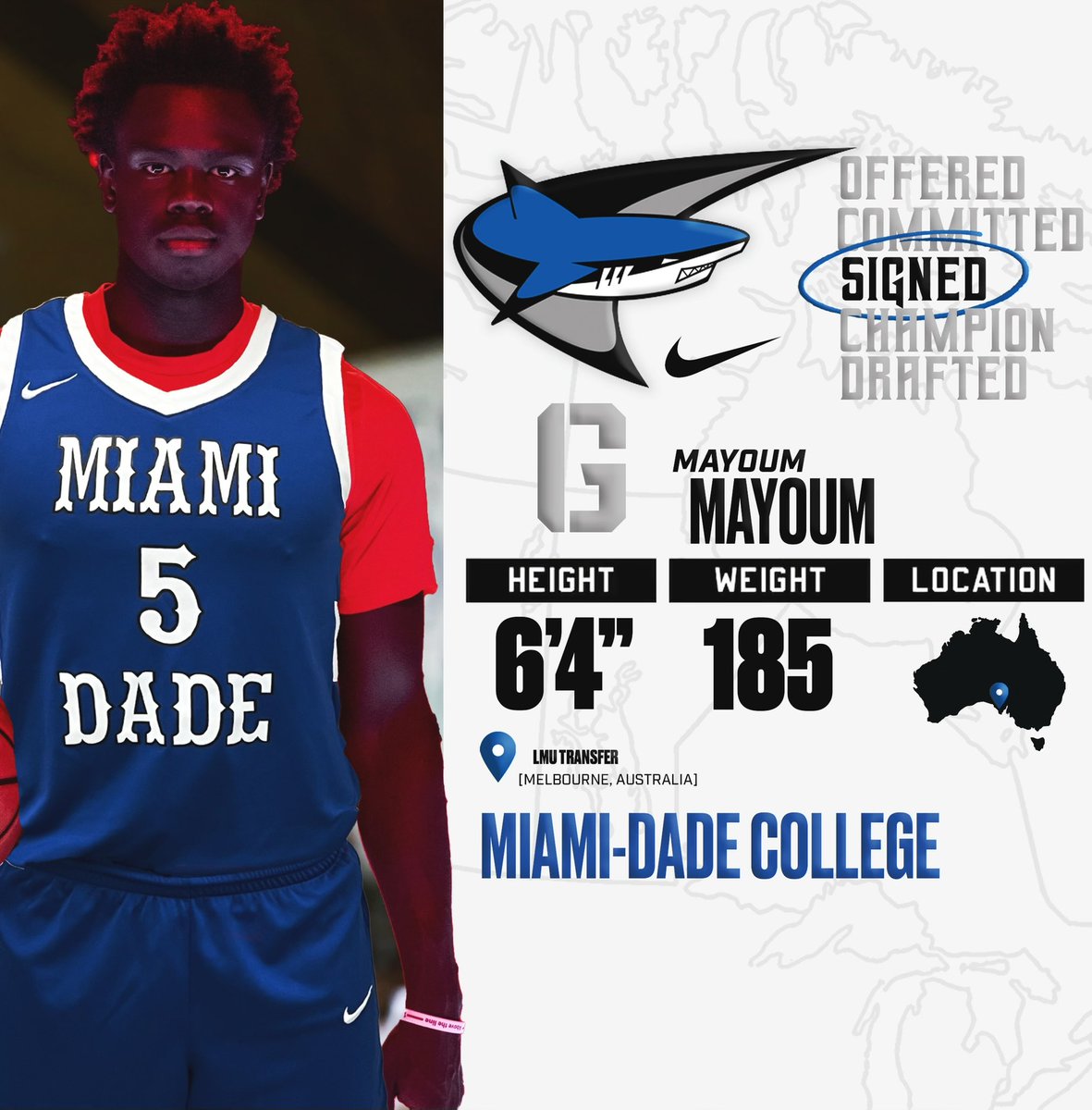 HoopsMDC's tweet photo. Let’s welcome 6’4” G Mayoum Mayoum to the Shark family! Mayoum is the fifth member of our 2022-2023 recruiting class. He spent this season at D1 Loyola Marymount University, and will be a RS-Freshman for us this year! #TheDeepBlue https://t.co/tLFYsUChG9