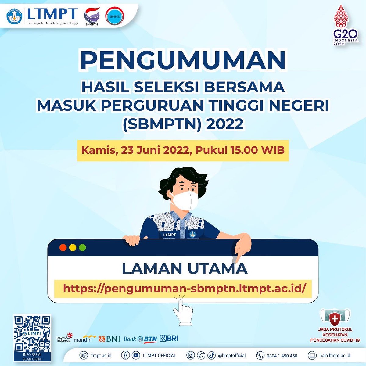 ltmptofficial's tweet photo. [LAMAN UTAMA &amp; LAMAN MIRROR PENGUMUMAN HASIL SELEKSI JALUR SBMPTN 2022]

Halo Calon Mahasiswa Indonesia!

Selain pada laman utama https://t.co/LTnJ148Q1N, Calon Mahasiswa juga dapat mengakses pengumuman hasil seleksi jalur SBMPTN 2022 melalui 32 laman mirror berikut. https://t.co/l2Gsi0Iet4