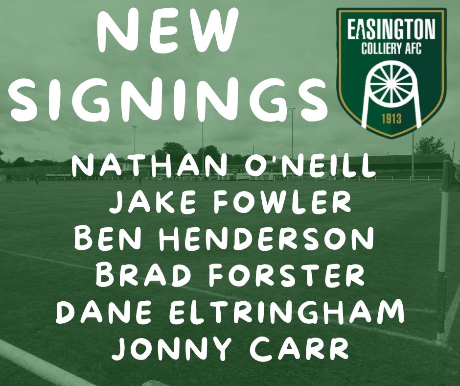 NEW SIGNINGS: Easington Colliery AFC are delighted to announce the signings of Nathan O'Neill, Ben Henderson, Jake Fowler, Brad Forster, Dane Eltringham and Jonny Carr.

More info here: pitchero.com/clubs/easingto…