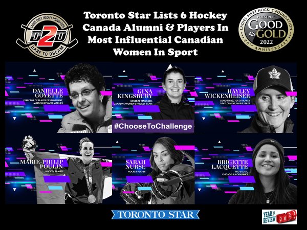 ladies1sthockey's tweet photo. D2D “Dare 2 Dream” 21/22 Year In Review Moment 58 – Recognizing International Women’s Day #IWD2022 Toronto Star named 6 Hockey Canada Alumni &amp; Players in Most Influential Canadian Women In Sport list – Goyette, Kingsbury @wick_22 @pou29 @nursey16 @briglacquette #ChoseToChallenge https://t.co/YNZonNU62h