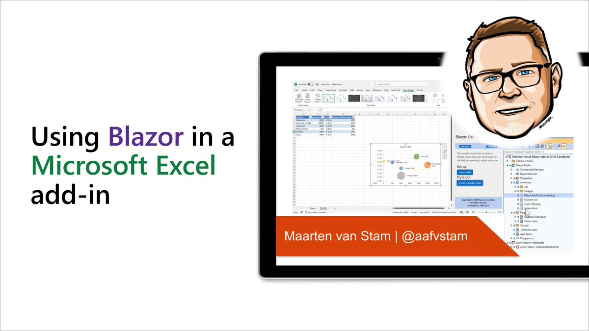 vesajuvonen's tweet photo. 🤩 Great #Microsoft365Dev demo by @aafvstam on Using Blazor in Excel Add-ins
✔ See Blazor WebAssembly Excel and Word “starter” projects
✔ Table and bubble chart in Excel, content control interactions in Word
Watch 📺 → https://t.co/9MYusUsWIZ https://t.co/mV1CDyzrAP