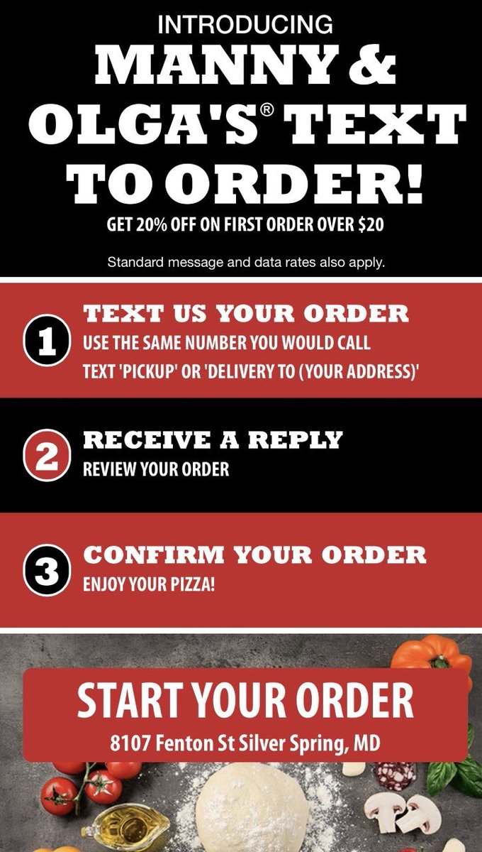 TheMoCoShow's tweet photo. Manny &amp; Olga’s Pizza is officially launching text to order at all of their locations today, June 22nd! You will be able to text the existing store number and place your order via text!

Visit https://t.co/YXUojB9MHQ for menu and locations!

#sponsored https://t.co/AtI2Bvdowl