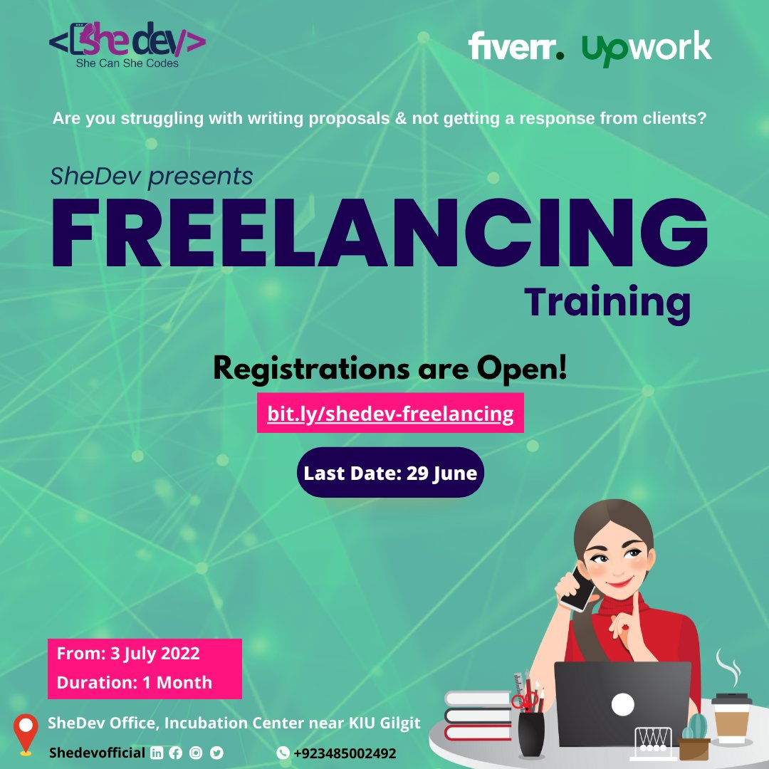SheDev has brought advanced freelancing training with a research-based curriculum to help you with your freelancing career. Our expert trainers will assist you to jumpstart your career in freelancing. 
Registration Link: bit.ly/shedev-freelan…
