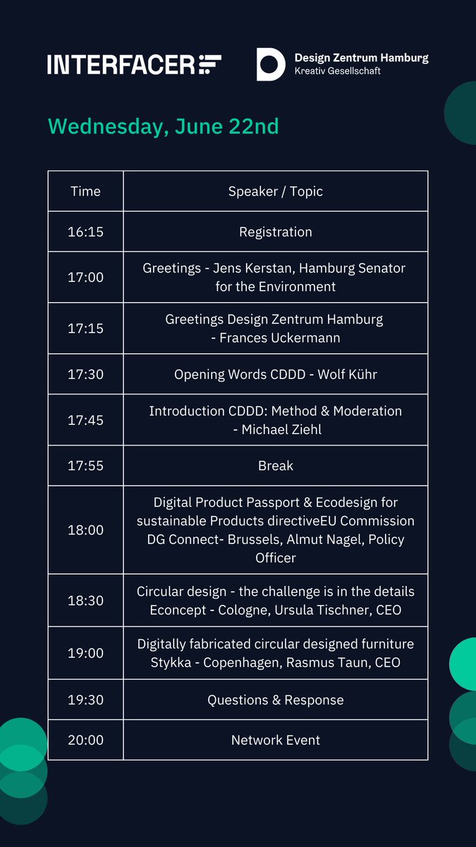 fabcityhamburg's tweet photo. Heute: Tag 1 der #CircularDesign Deep Dive Konferenz in #Hamburg! Agenda 👇💥 #CDDD2022 #design #fabcityhh #networking 💬🍹
@JensKerstan @fhh_umwelt @wolfka @fabcityglobal
@AlmutNagel @Ursula_Tischner @rasmustaun @HH_BWI #INTERFACER @DyneOrg @HSUHamburg @HamburgKreativ https://t.co/zP29FnM8zU