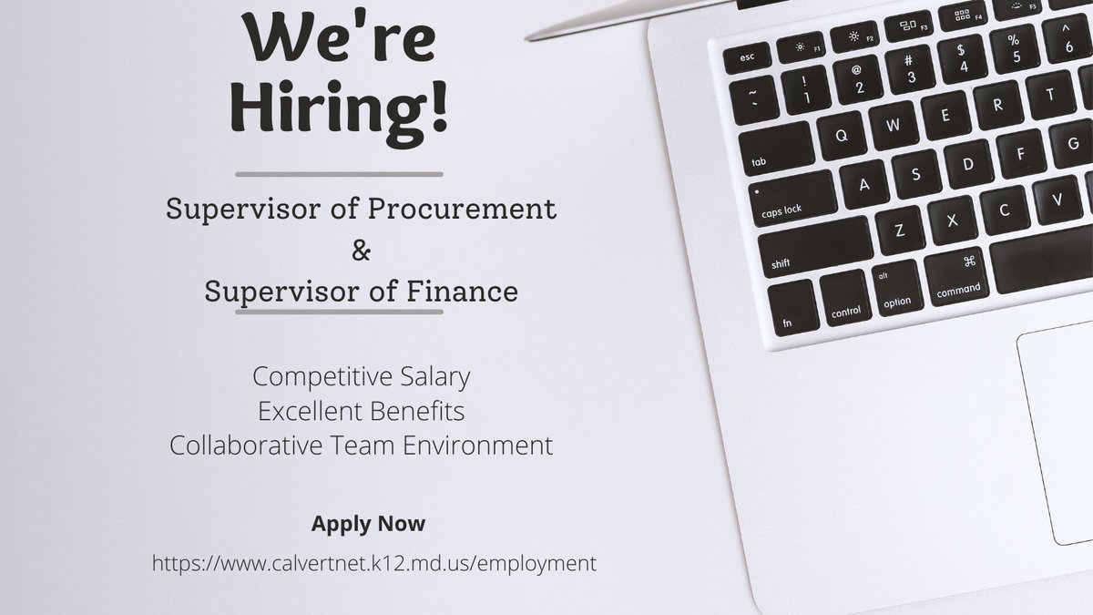 Join #TeamCalvert! We are hiring a Supervisor of Procurement and a Supervisor of Finance.

Visit calvertnet.k12.md.us/employment for job descriptions, details, and application information.