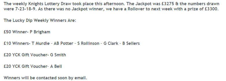 YorkRLFCLottery's tweet photo. This weeks Lottery numbers are 7-23-18-9. As there was no Jackpot winner it will Rollover to next week at £3300! 
Our weekly winners are listed below. Thanks to all players. https://t.co/09hYjsLfSC