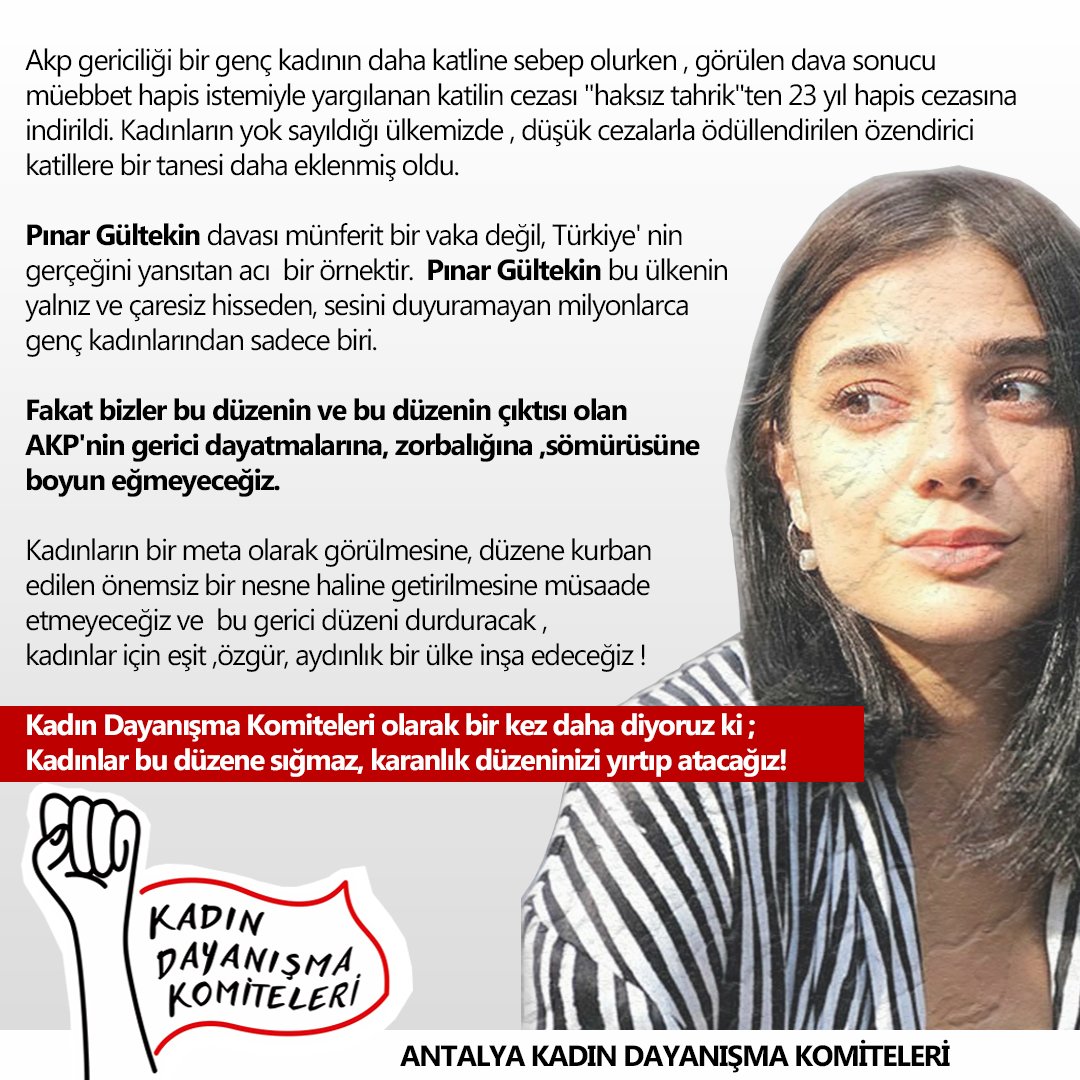 Kadına yönelik şiddeti, kadın cinayetlerini bırakın önlemeyi, cezalandırmayı bile çok gören kadın düşmanı bir iktidar karşımızdaki! Gerici politikalarınız ve hukuki kılıflarınız ile tahakkümü ve adaletsizliği sıradanlaştıramayacaksınız! Bu düzeni değiştireceğiz!
#pinargultekin