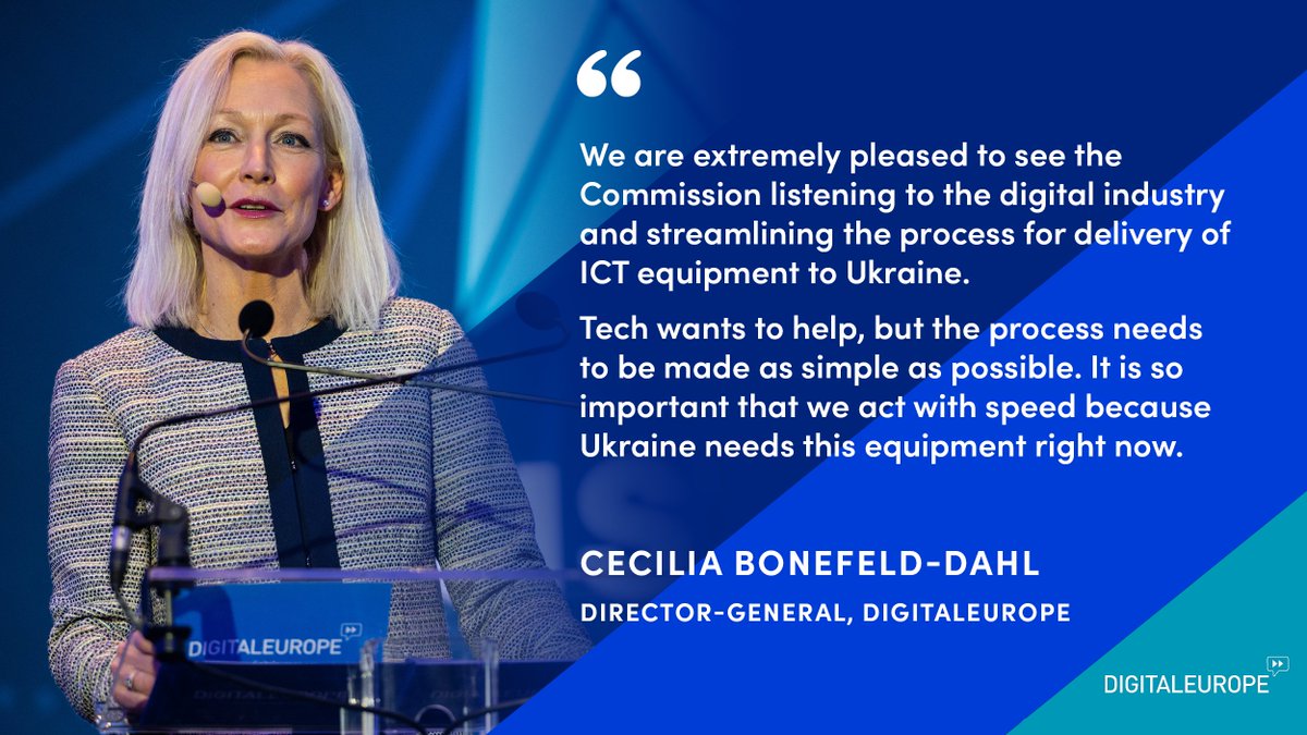 DIGITALEUROPE's tweet photo. Great to see the @EU_Commission responding to our call for EU-level coordination & delivery of #ICT equipment to Ukraine π
We welcome the #Tech4Ukraine initiative launched at the #DA2022. The digital sector stands with Ukraine πΊπ¦
Full statement: https://t.co/iXeAoGZFud https://t.co/6WD7KY5KJn