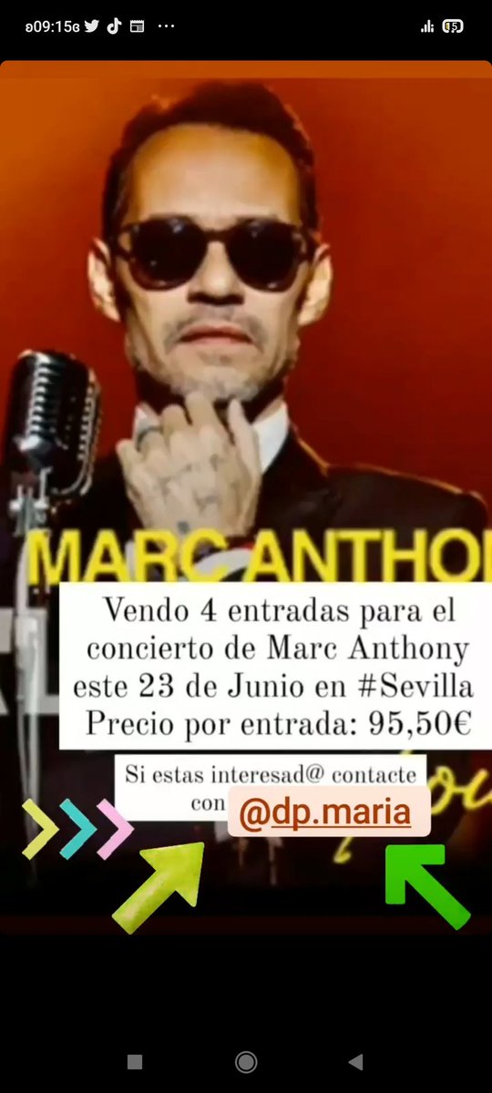 VirgiLatru88's tweet photo. Vendo 5 entradas para el concierto de Marc Anthony este 23 Junio en Sevilla.precio por entrada 95.50€ ,las vendo por el mismo precio que las compré 👏👏 #conciertomarcsevilla #entradaconcierto #conciertosevilla #vendoentradas #marcanthony https://t.co/2qNLXzAE2l