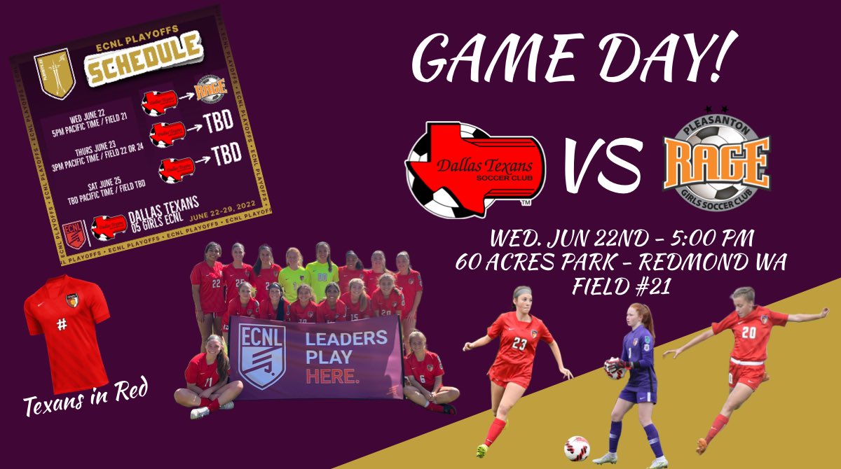 TexansEcnl05's tweet photo. It’s GAMEDAY‼️ We will 👀 you on Field #21 at 5:00‼️ #TheTexansWay #ECNLPlayoffs @JonBbjon @ECNLgirls https://t.co/e2uDPQ9Hp4